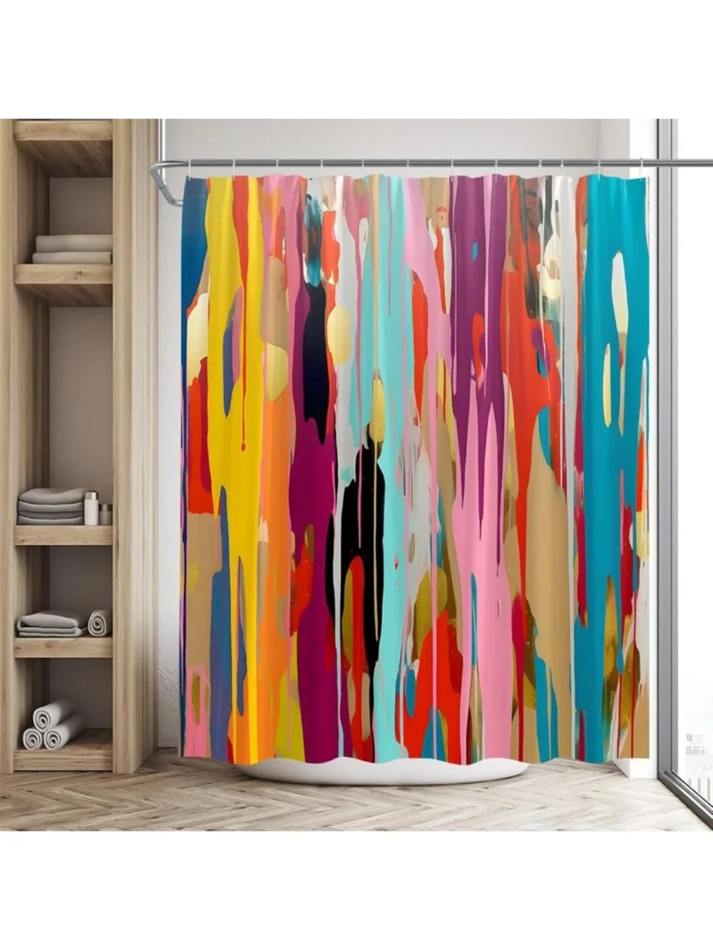 Colorful Abstract Geometric Shower Curtain Set - Rainbow Striped Bathroom Decor